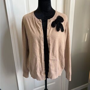 LOFT Tan Cardigan with Black Bow Detail